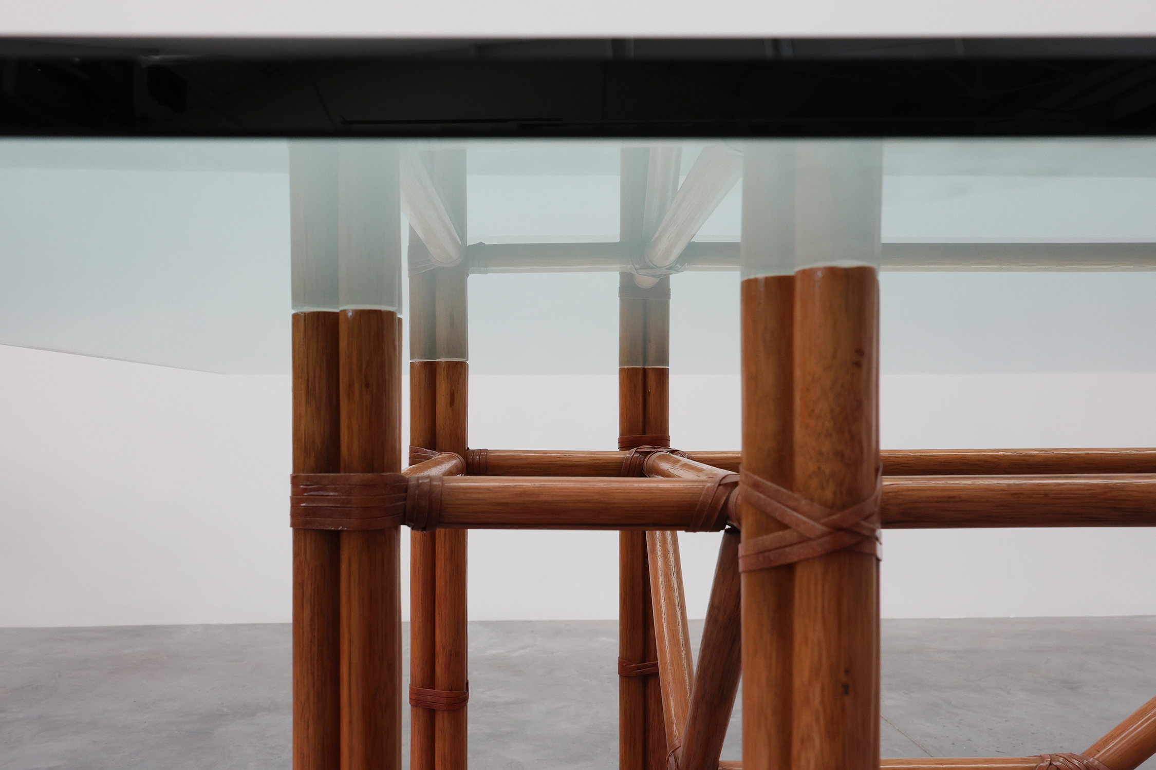 Large monumental bamboo dining table with glass top by Gasparucci, Italy 1980sthumbnail